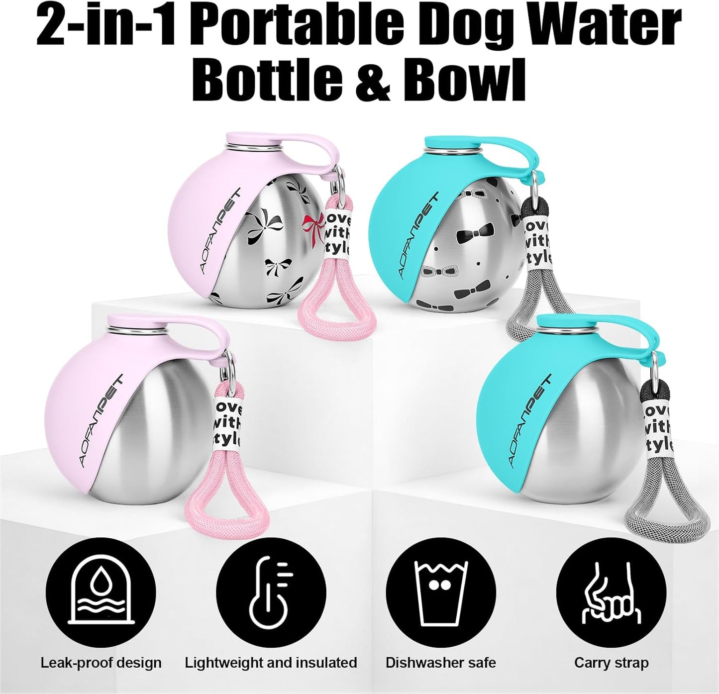 Ultimate Portable Dog Water Bottle – 10Oz Stainless Steel Travel Dispenser with No-Spill Bowl for Hiking and Walks
