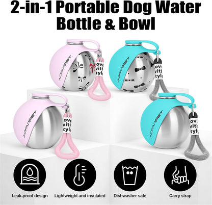 Ultimate Portable Dog Water Bottle – 10Oz Stainless Steel Travel Dispenser with No-Spill Bowl for Hiking and Walks
