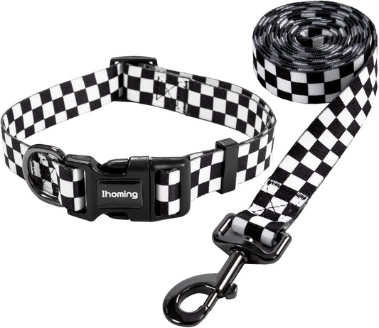 Dog Collar and Leash Set for Daily Outdoor Walking Running Training, Chess Board Design for Small Boys Girls Dogs Cats Pets, S-Up to 20LBS