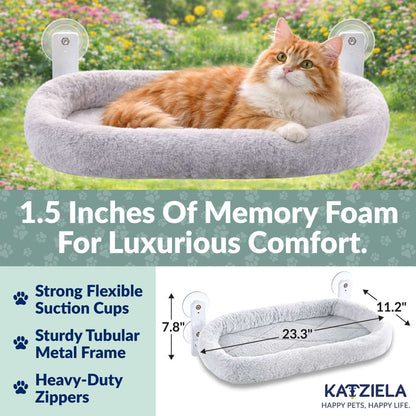 Katziela CloudPerch Cat Window Perch with Memory Foam Bed, Heavy-Duty Steel Frame, 4 Ultra-Strong Suction Cups